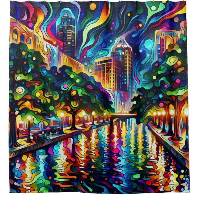 Vibrant Visions: Psychedelic San Antonio Riverwalk Shower Curtain (Front)