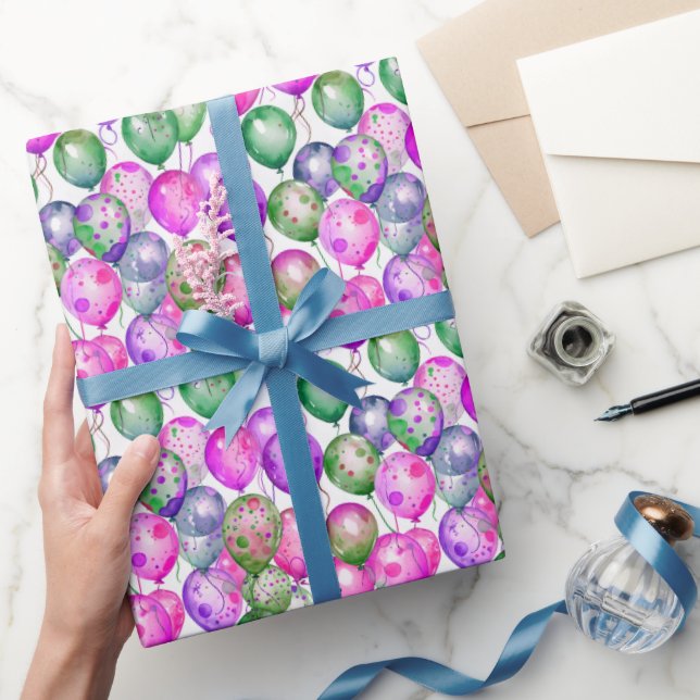 Vibrant Watercolor Balloons Pink Purple Green Wrapping Paper (Gifting)