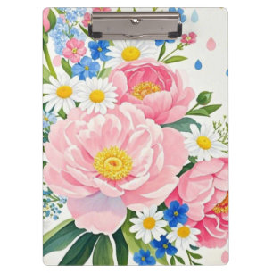 Vibrant watercolor bouquet of peonies, daisies clipboard