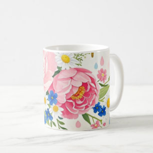Vibrant watercolor bouquet of peonies, daisies coffee mug