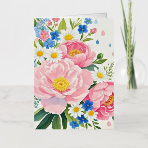 Vibrant watercolor bouquet of peonies, daisies foil greeting card
