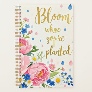 Vibrant watercolor bouquet of peonies, daisies planner
