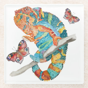Vibrant Watercolor Chameleon Glass Coaster