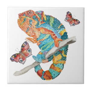 Vibrant Watercolor Chameleon Tile