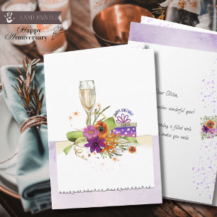 Vibrant Watercolor Champagne and Gift Box Birthday Card