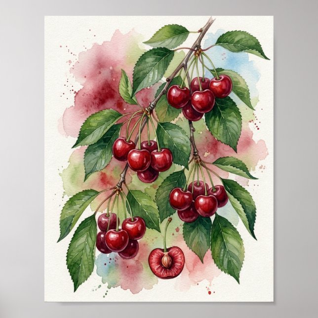 Vibrant Watercolor Cherries Art Print (Front)