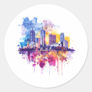 Vibrant Watercolor Cityscape Skyline Reflection Classic Round Sticker