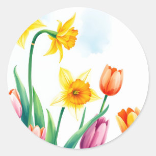 Vibrant Watercolor Daffodils and Tulips Classic Round Sticker