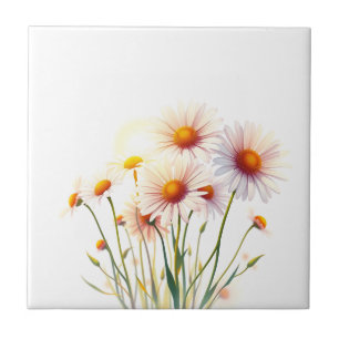 Vibrant Watercolor Daisies with Golden Hour Tile