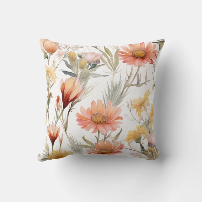 Vibrant Watercolor Desert Wildflowers Pattern Cushion (Back)