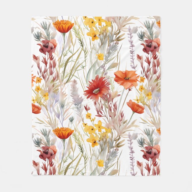Vibrant Watercolor Desert Wildflowers Pattern Fleece Blanket (Front)