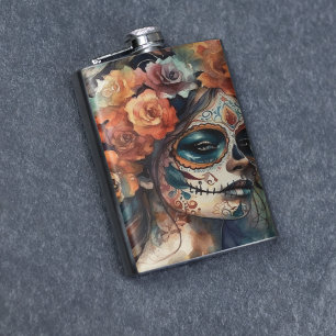 Vibrant Watercolor Dia de los Muertos Catrina Hip Flask