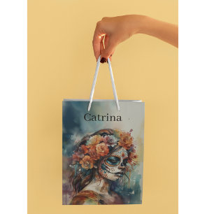 Vibrant Watercolor Dia de los Muertos Catrina Medium Gift Bag