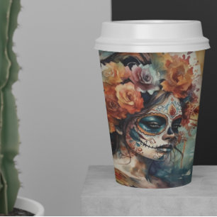 Vibrant Watercolor Dia de los Muertos Catrina Paper Cups