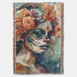 Vibrant Watercolor Dia de los Muertos Catrina Throw Blanket