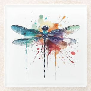 Vibrant Watercolor Dragonfly Glass Coaster