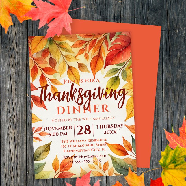 Vibrant Watercolor Fall Leaves Border Thanksgiving Invitation (Creator Uploaded)