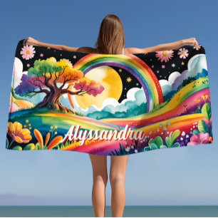 Vibrant Watercolor Fantasy with Stars and Flowers Beach Towel