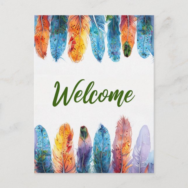 Vibrant Watercolor Feather Welcome Card Design  (Front)