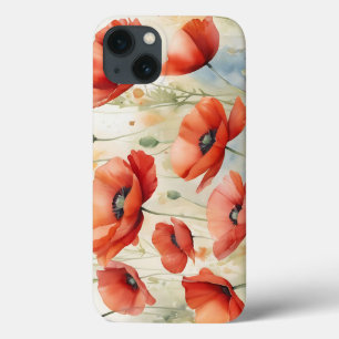 Vibrant Watercolor Field of Wild Poppies in Fiery iPhone 13 Case