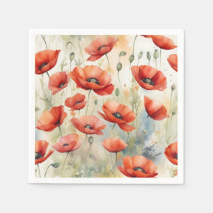 Vibrant Watercolor Field of Wild Poppies in Fiery  Napkin