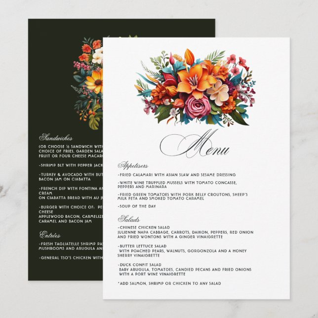 Vibrant Watercolor Floral Fiesta Wedding Menu (Front/Back)
