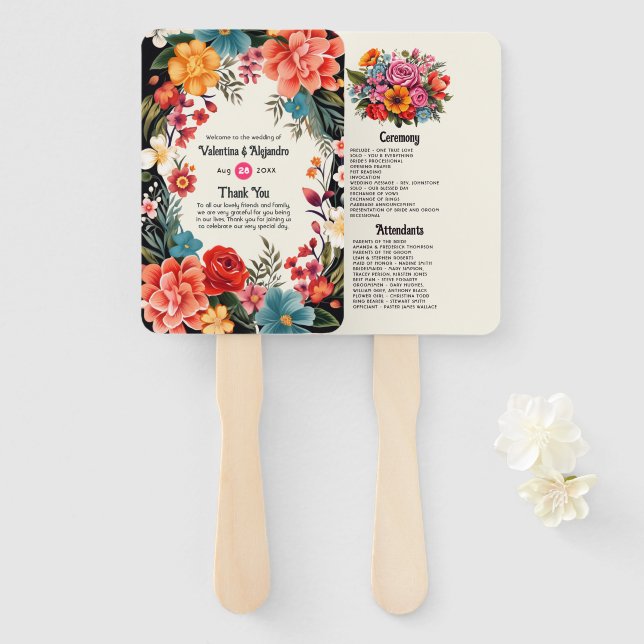 Vibrant Watercolor Floral Fiesta Wedding Program Hand Fan (Front and Back)