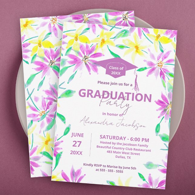 Vibrant Watercolor Floral Graduation Party Invitation (Creator Uploaded)
