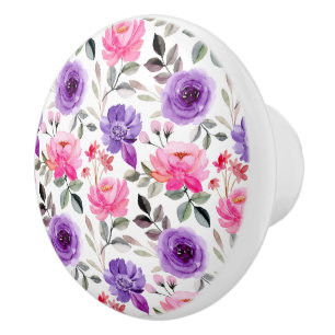 Vibrant Watercolor Floral Pattern in Pink & Purple Ceramic Knob