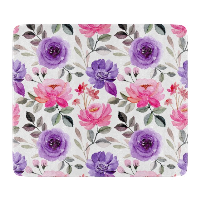 Vibrant Watercolor Floral Pattern in Pink & Purple Cutting Board (Front)