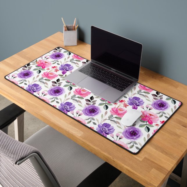 Vibrant Watercolor Floral Pattern in Pink & Purple Desk Mat (Office 2)