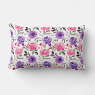 Vibrant Watercolor Floral Pattern in Pink & Purple Lumbar Cushion