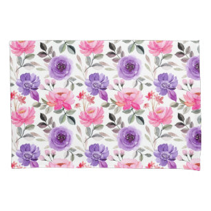 Vibrant Watercolor Floral Pattern in Pink & Purple Pillowcase
