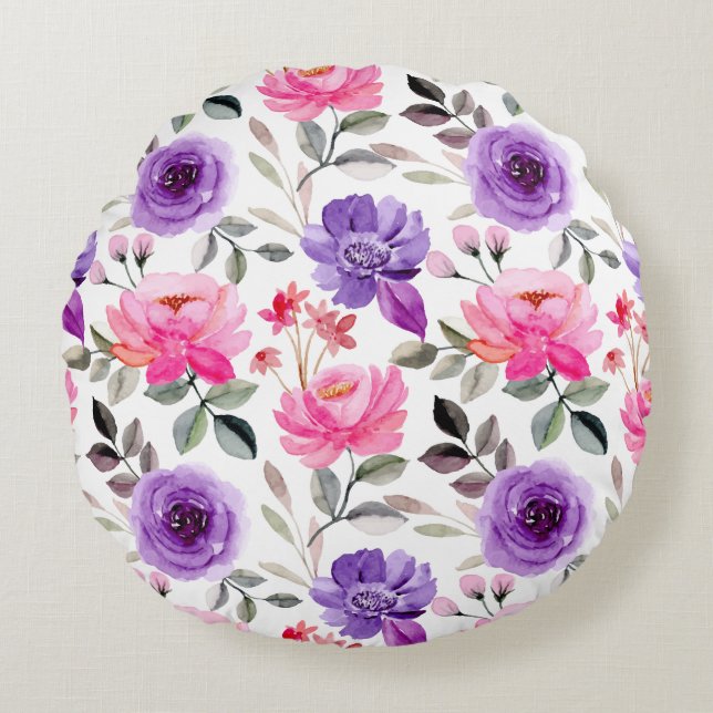 Vibrant Watercolor Floral Pattern in Pink & Purple Round Cushion (Front)