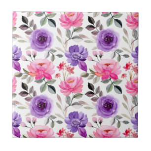 Vibrant Watercolor Floral Pattern in Pink & Purple Tile