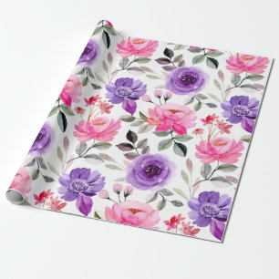 Vibrant Watercolor Floral Pattern in Pink & Purple Wrapping Paper