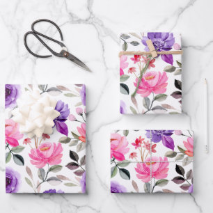 Vibrant Watercolor Floral Pattern in Pink & Purple Wrapping Paper Sheet