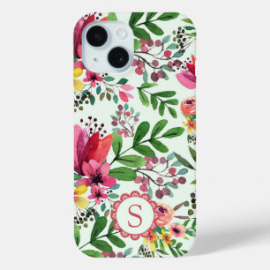 Vibrant Watercolor Floral Pretty Monogram iPhone 15 Case