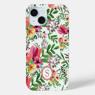 Vibrant Watercolor Floral Pretty Monogram iPhone 15 Case