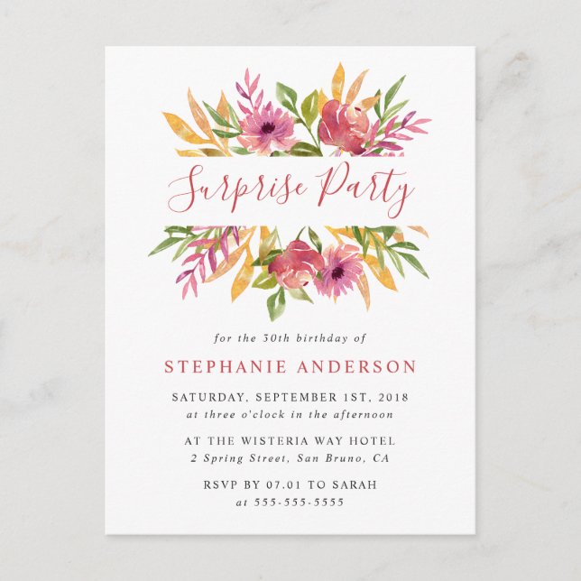 Vibrant Watercolor Floral Surprise Birthday Party Invitation Postcard (Front)