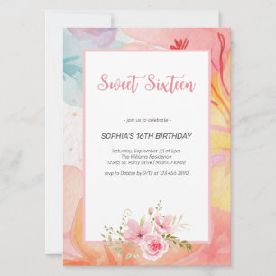 Vibrant Watercolor Floral Sweet Sixteen Birthday Invitation