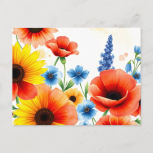 Vibrant Watercolor Flower Bouquet with Sunflowers Postcard