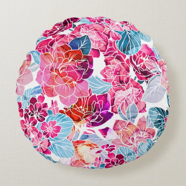 Vibrant Watercolor Flowers Pattern Round Cushion (Front)