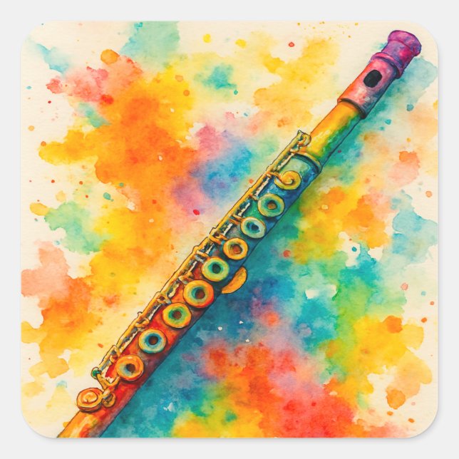 Vibrant Watercolor Flute Square Sticker (Front)
