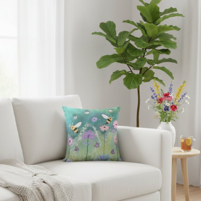 Vibrant Watercolor Garden With Bees Flowers  Cushion (Creator Uploaded)