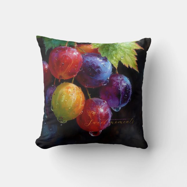 Vibrant Watercolor Grapes and Dew Drops Cushion (Front)