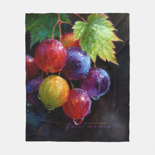Vibrant Watercolor Grapes and Dew Drops Fleece Blanket (Front)