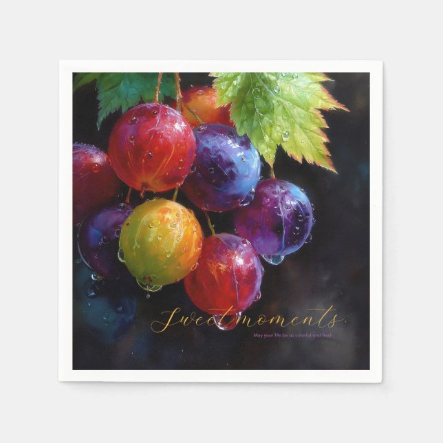 Vibrant Watercolor Grapes and Dew Drops Napkin (Front)