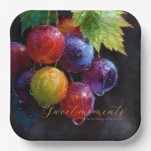 Vibrant Watercolor Grapes and Dew Drops Paper Plate
