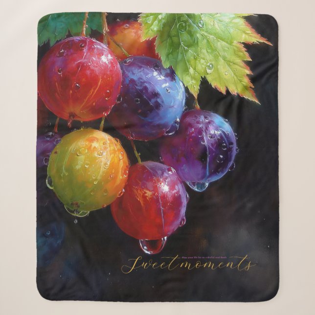 Vibrant Watercolor Grapes and Dew Drops Sherpa Blanket (Front)